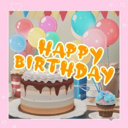Happy Birthday card with colorful balloons, cake, and celebration decorations