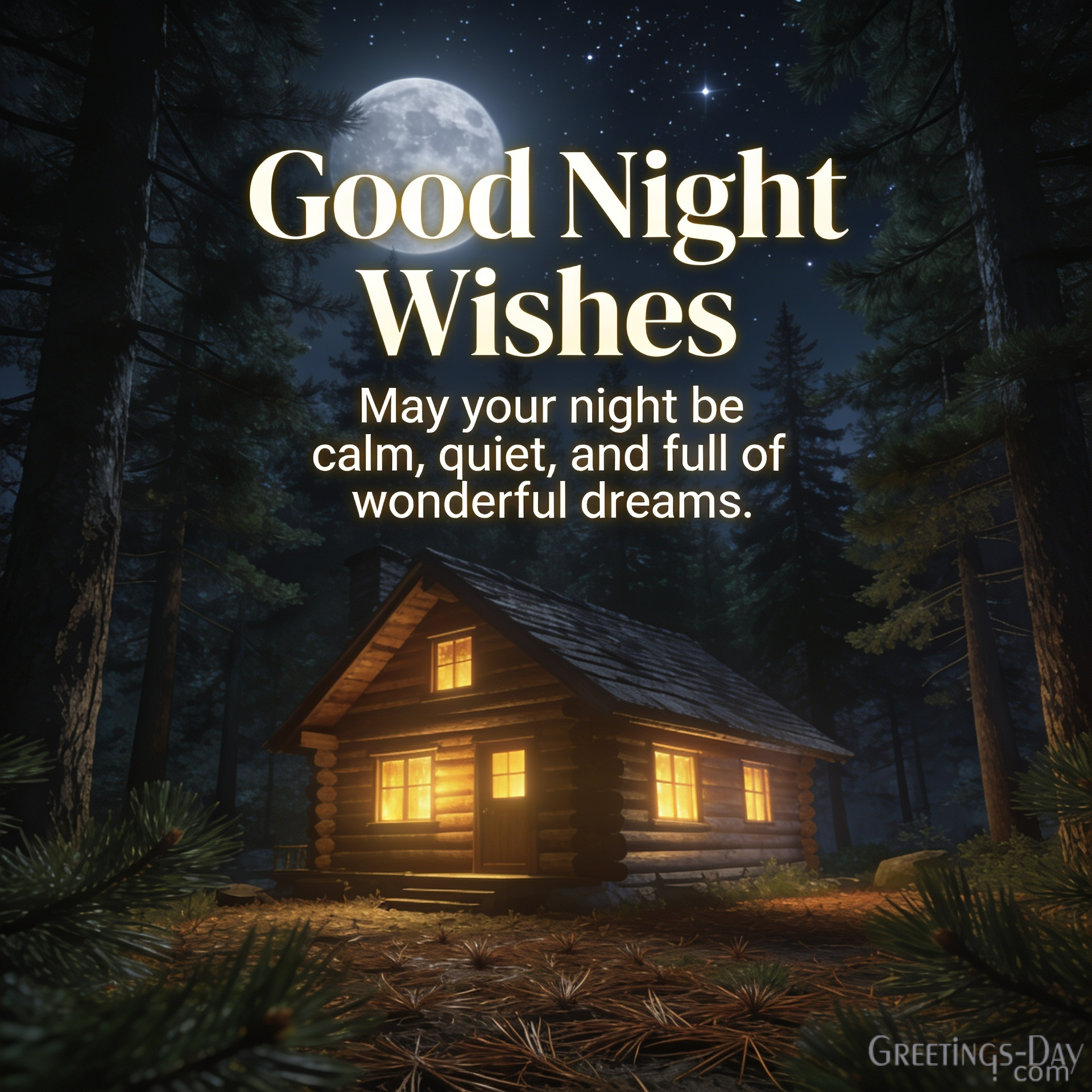 Peaceful Good Night Wishes card with cozy forest cabin and moonlight saying "May your night be calm, quiet, and full of wonderful dreams."