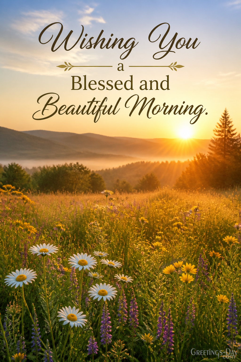 Beautiful Good Morning Blessings card with wildflowers and Wishing You a Blessed and Beautiful Morning quote
