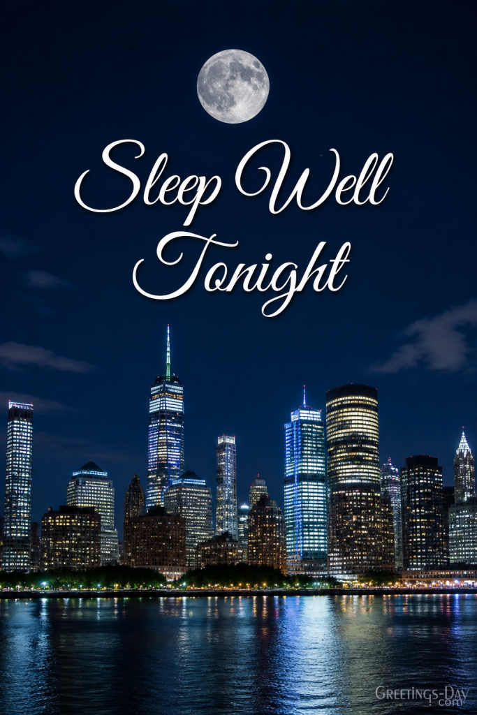 Elegant good night greeting card featuring city skyline and inspiring bedtime message