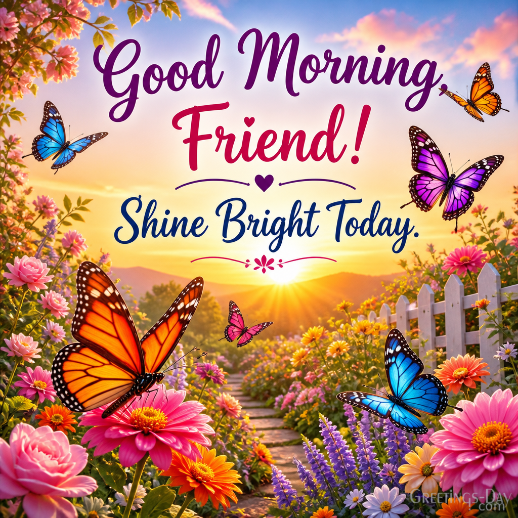 Good Morning Friend image with butterfly garden at sunrise and Shine Bright Today greeting