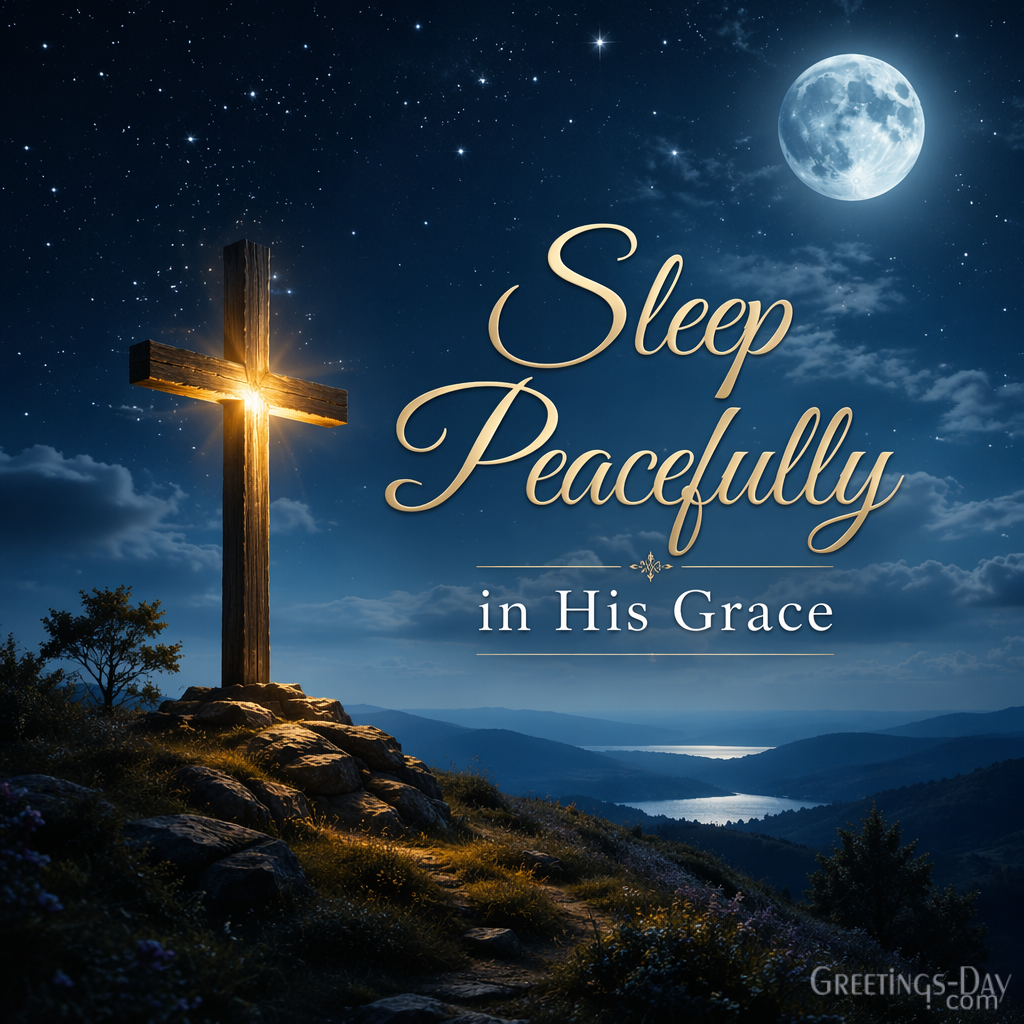 Jesus walks with you always Christian good night card with peaceful lake reflections