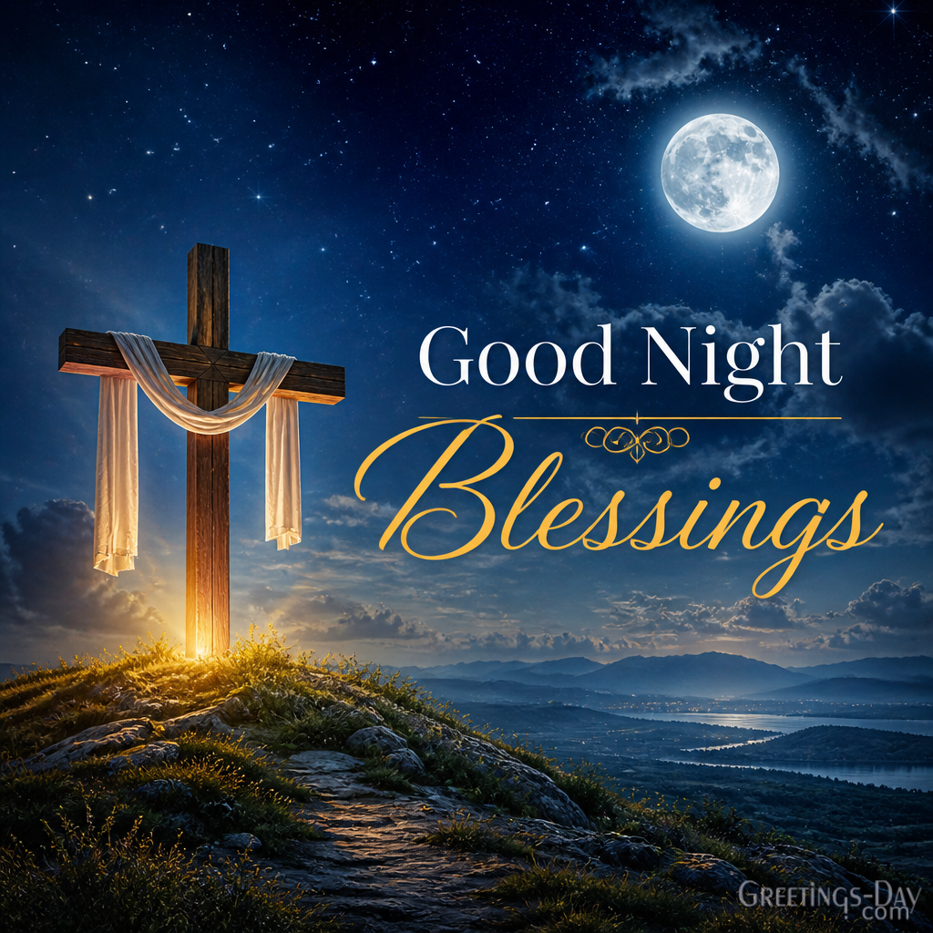 Good night blessings image with Jesus walking beside a calm moonlit lake