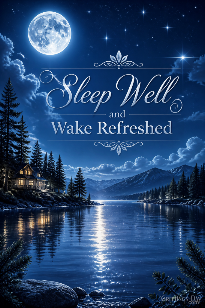 Beautiful good night greeting card featuring moonlit lake scenery and calming bedtime message