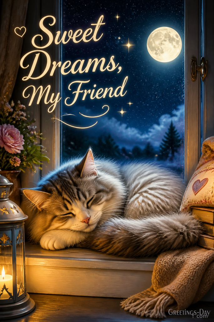 Peaceful good night card with fluffy cat sleeping by window under starry night sky