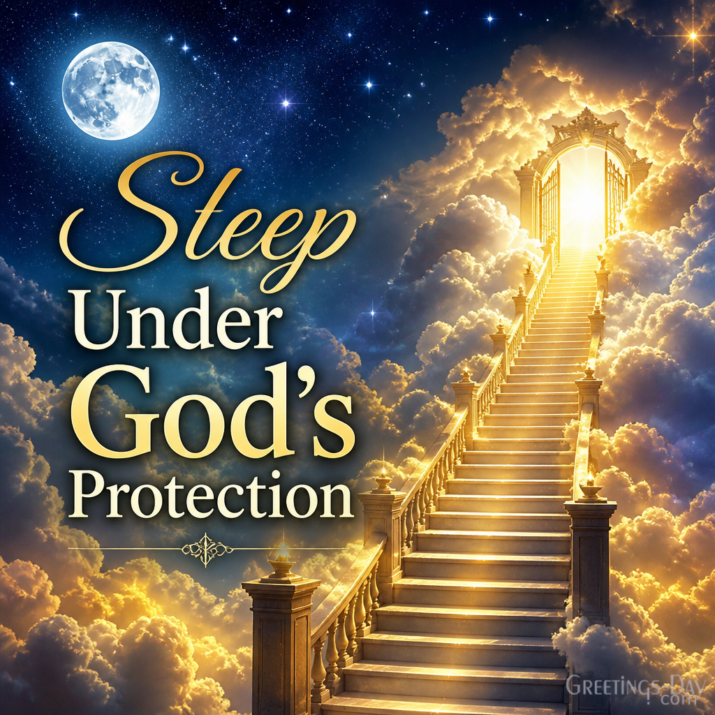 Christian bedtime prayer card with moonlight window view and faith-filled good night wishes