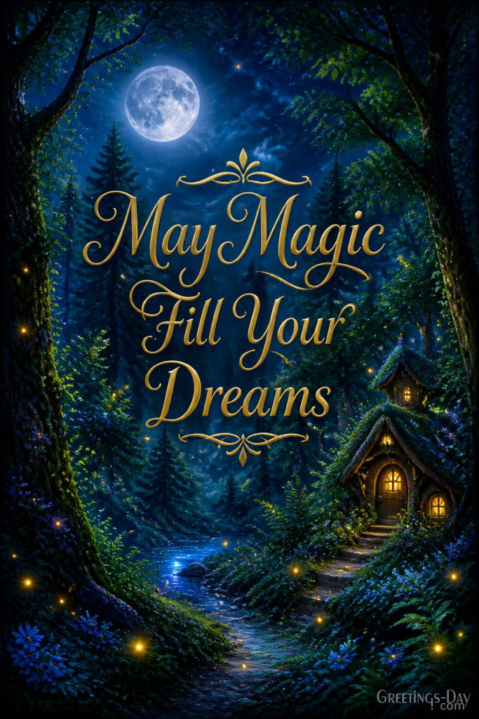 Fantasy good night greeting card featuring moonlit forest and magical sweet dreams message