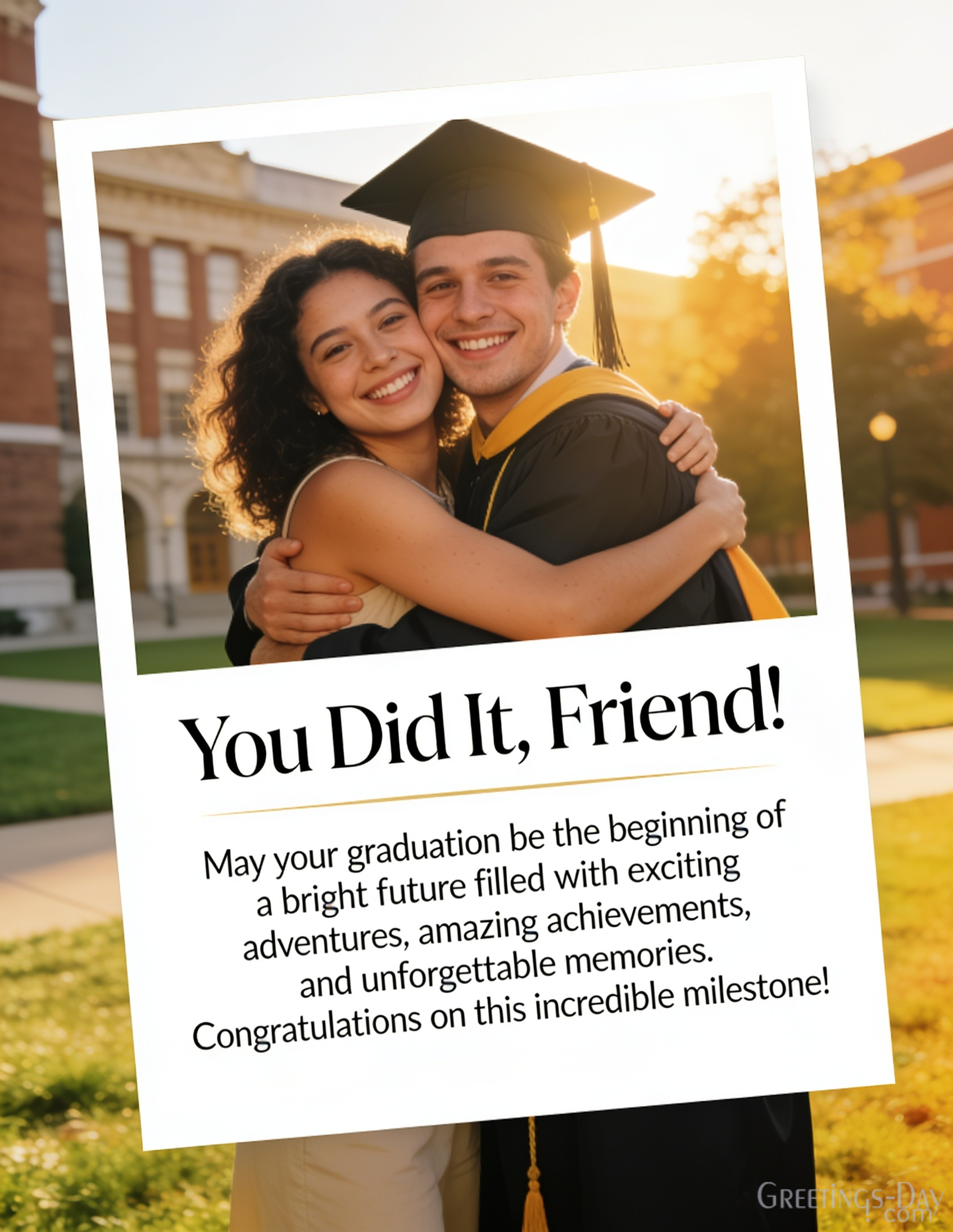 Inspirational graduation wishes for friend greeting card with success celebration and university campus background