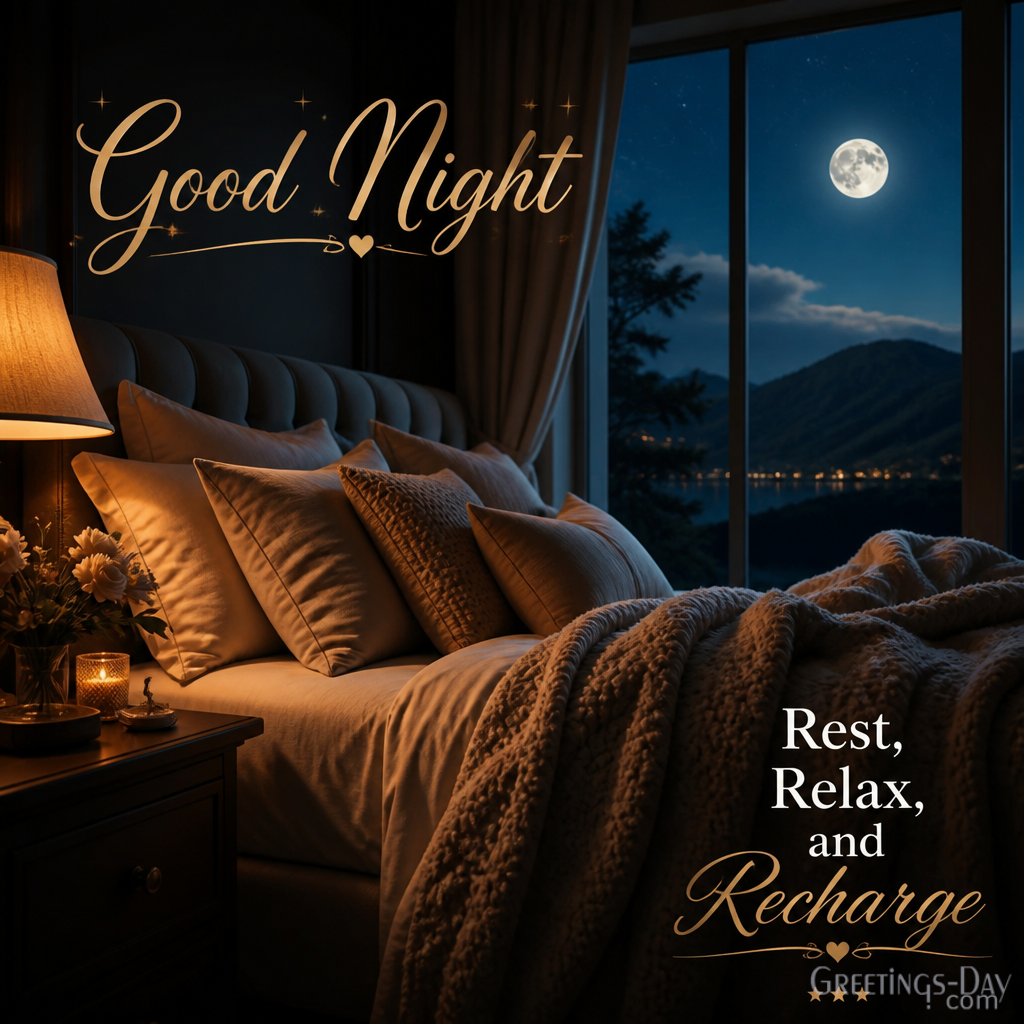 Relaxing good night image featuring comfortable bedroom, warm lighting, and sweet dreams message