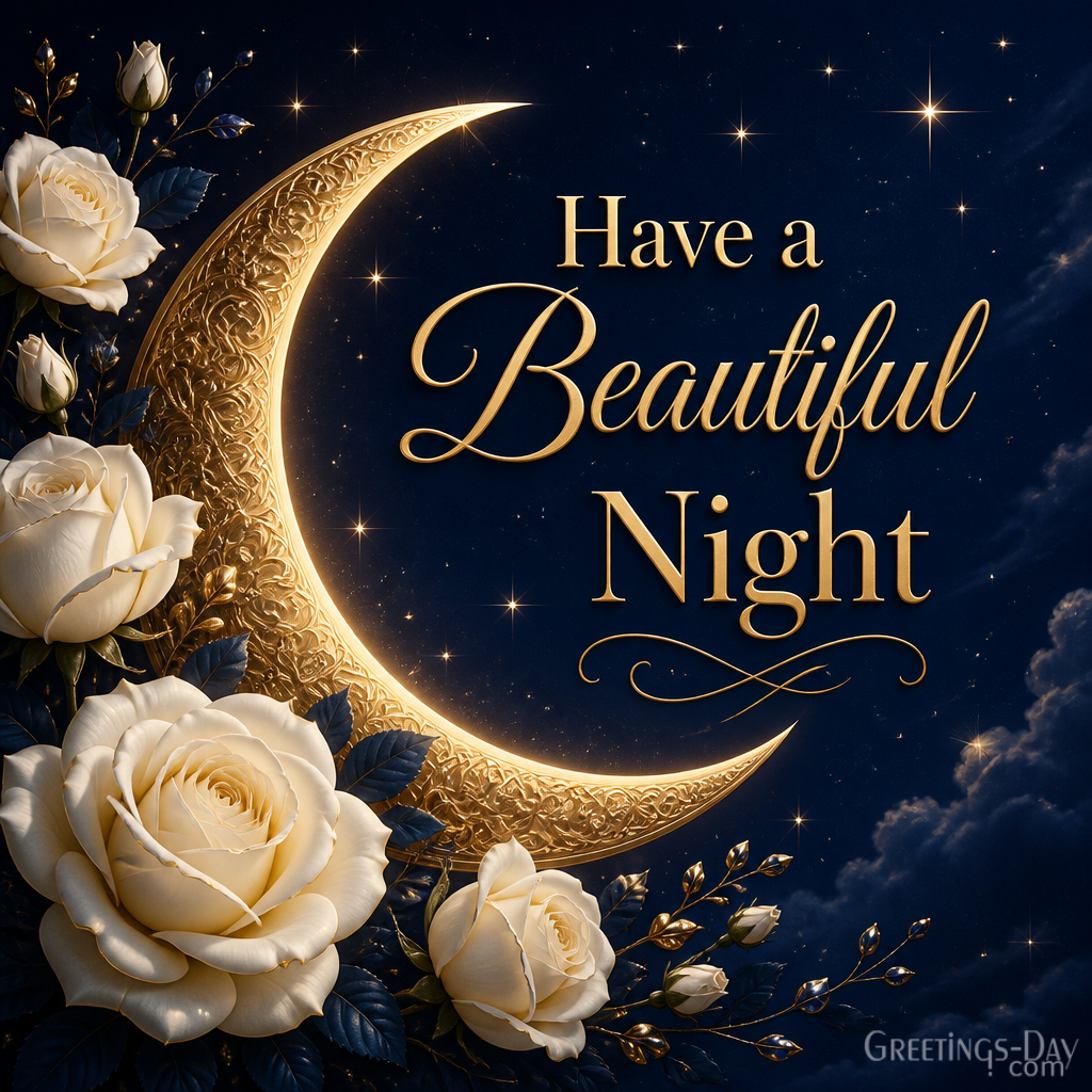 Luxury good night card featuring crescent moon, glowing stars, and peaceful bedtime message