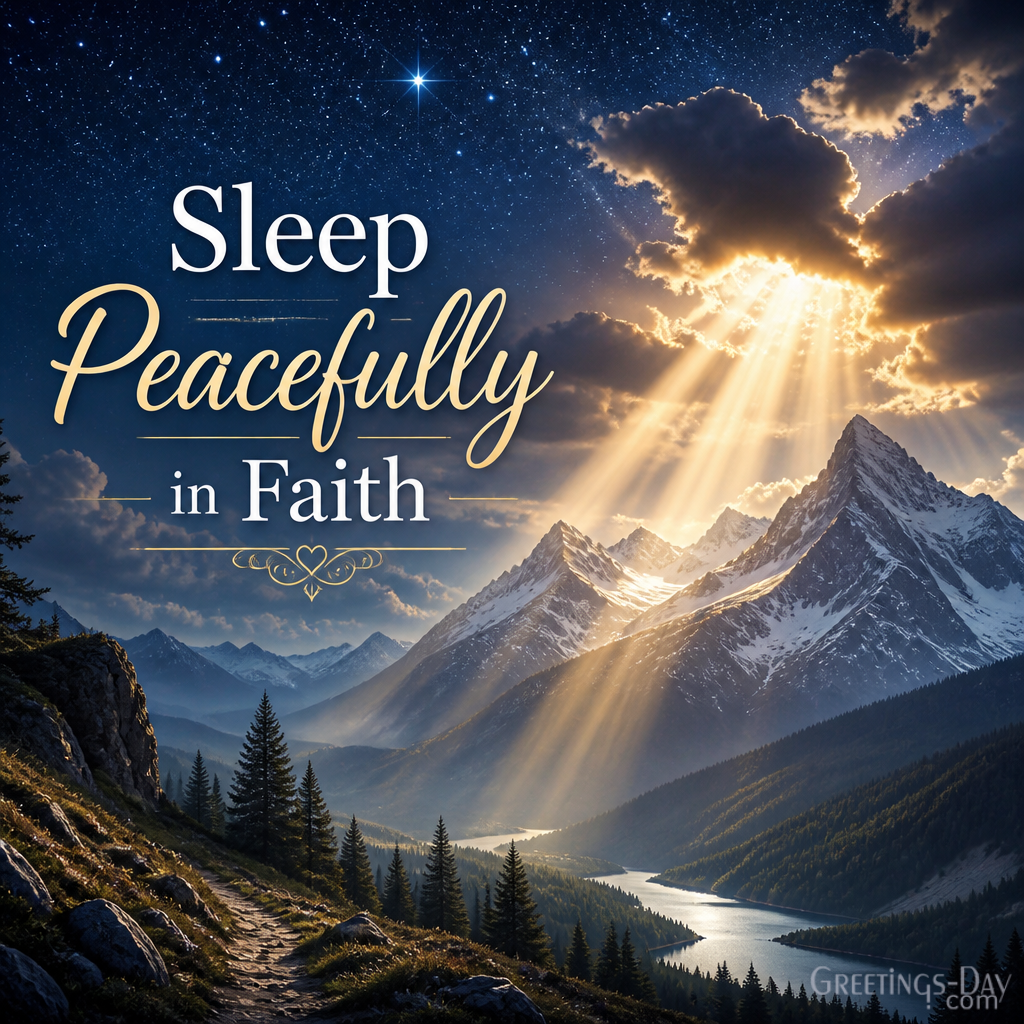 Good night blessings card with peaceful church, stars, and faith-filled bedtime wishes