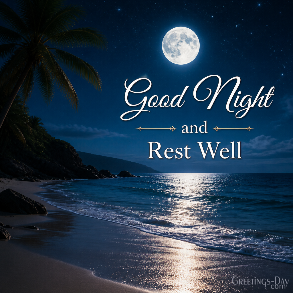 Good night beach image with moonlit ocean waves and relaxing evening blessings
