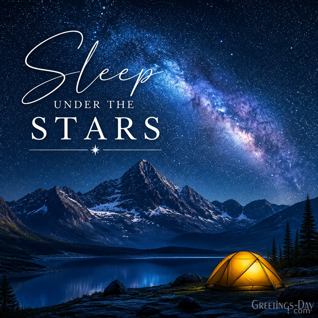 Sleep under the stars good night card with mountain scenery and dreamy nighttime sky