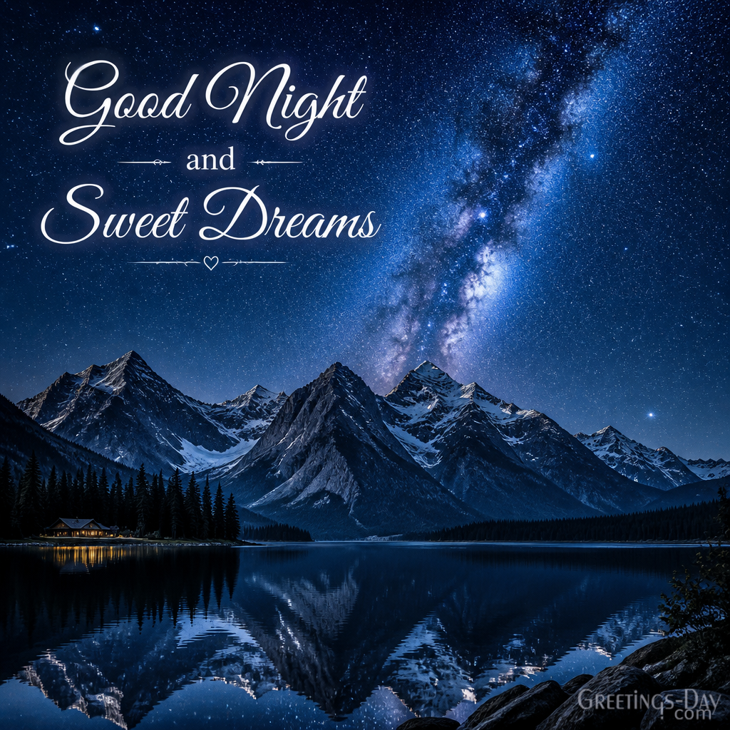 Good night image with starry sky over mountains and inspiring bedtime wishes for friends and family