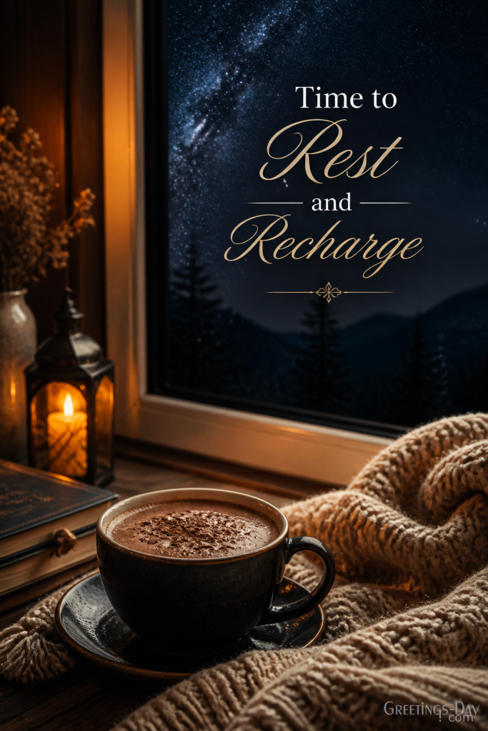 Good night card featuring hot chocolate by the window and peaceful night view