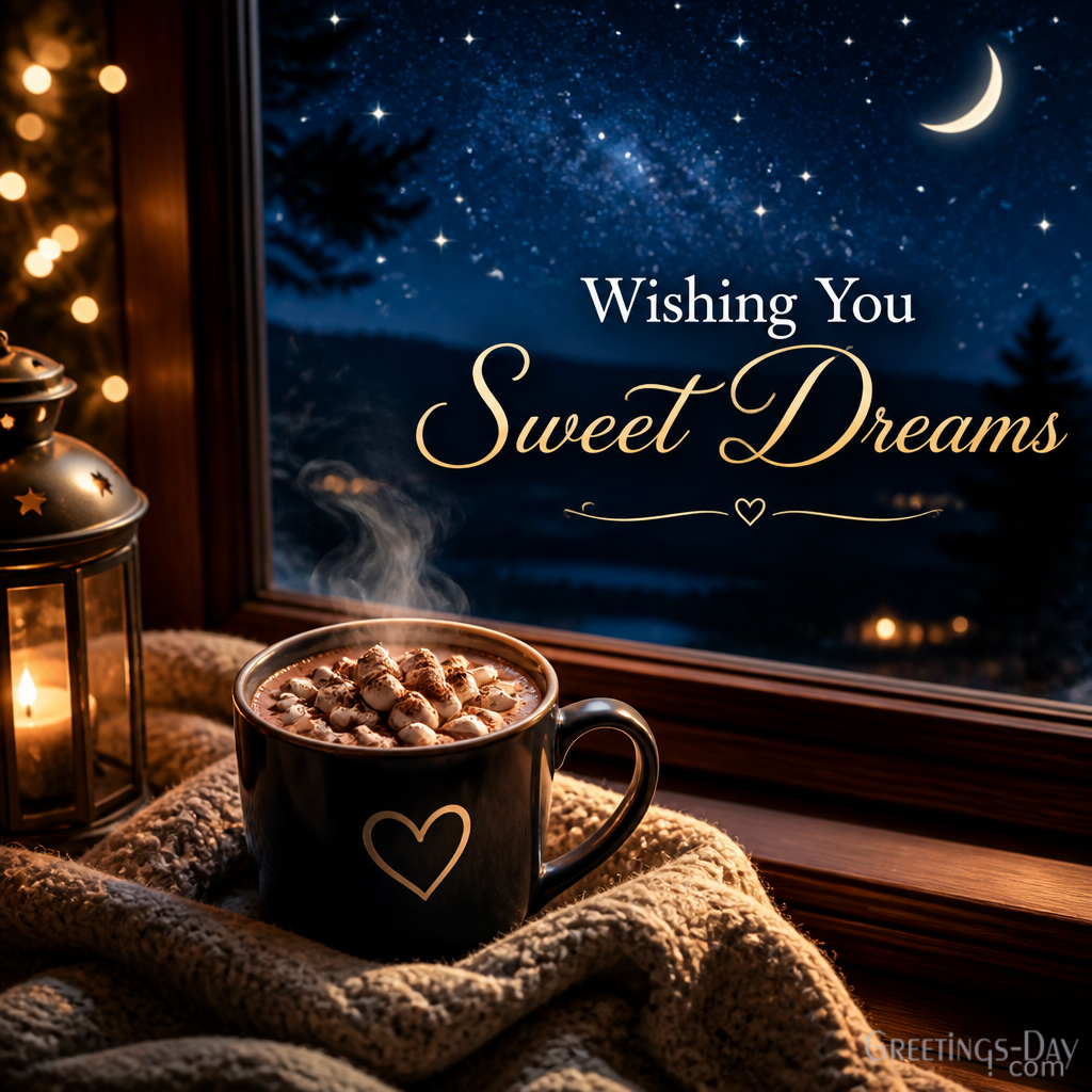 Sweet dreams image with cozy evening setup, starry sky, and bedtime relaxation theme