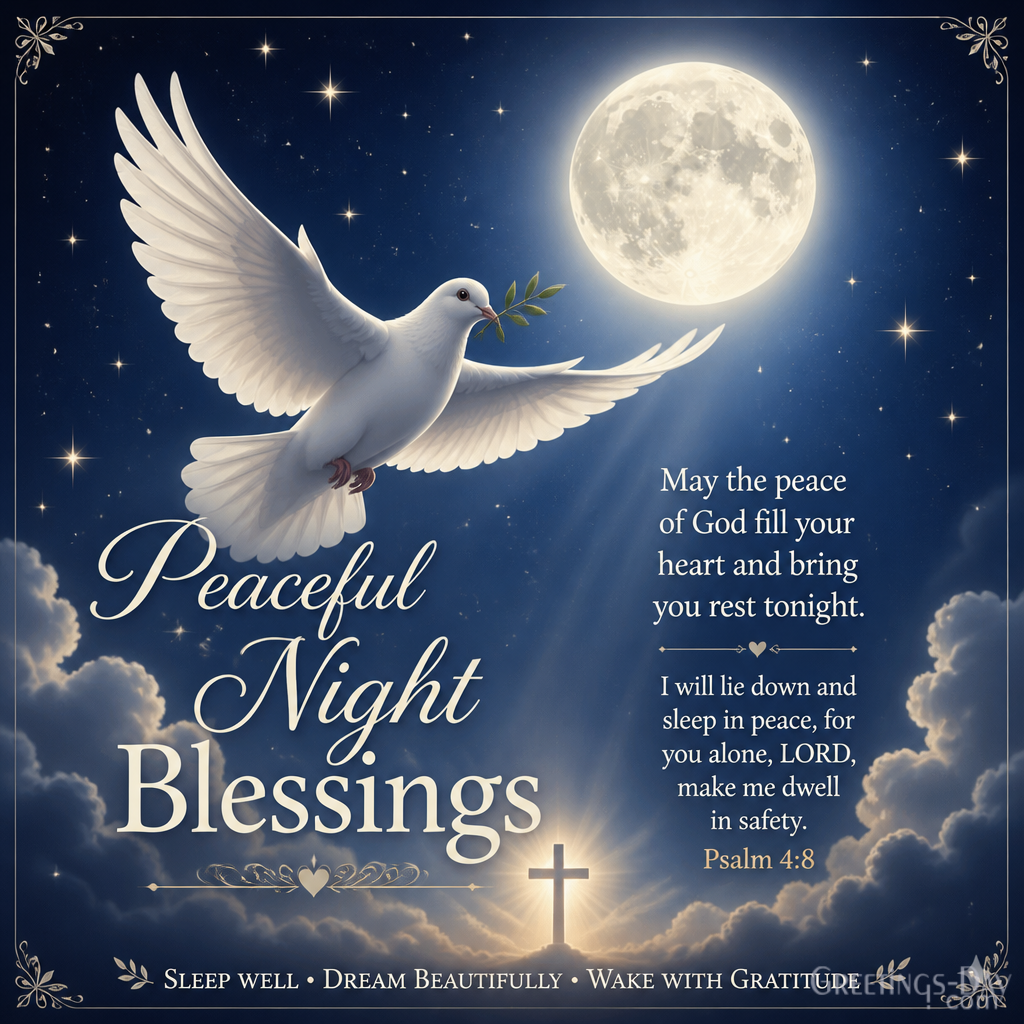 Good Night Blessings image with glowing cross and moonlight – may God watch over you tonight