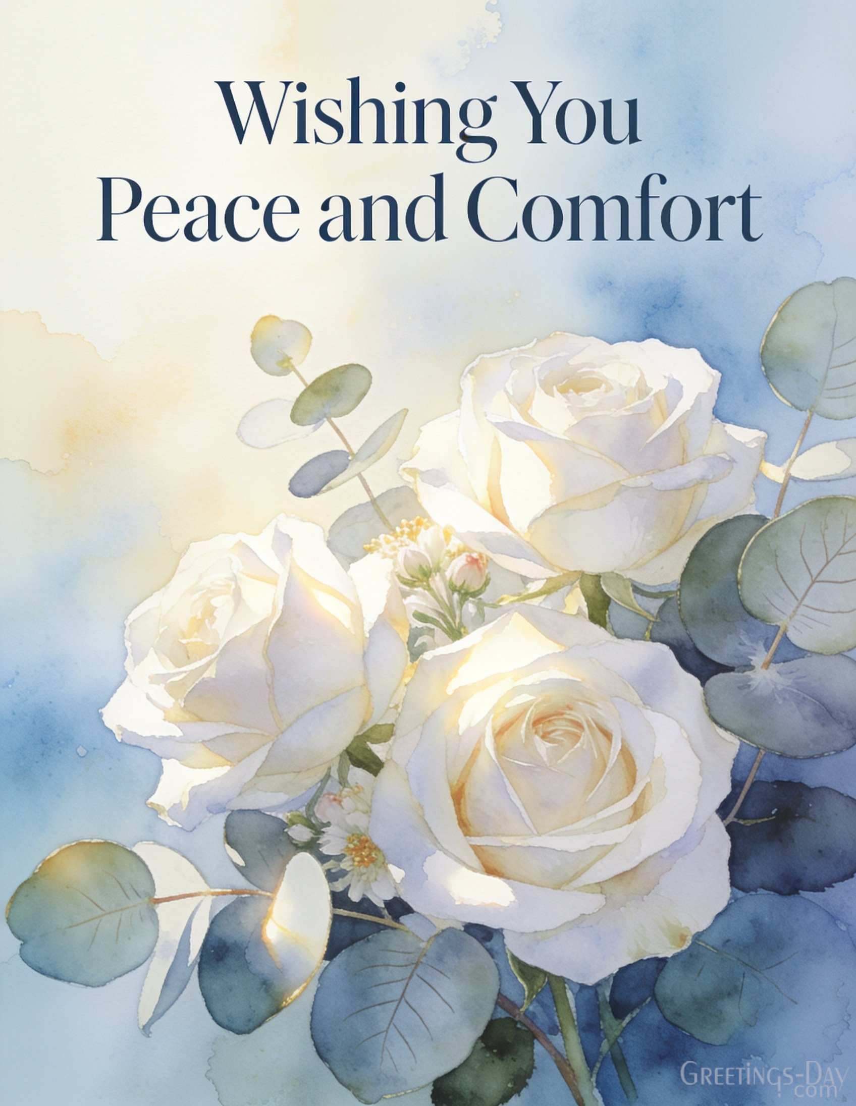 Printable sympathy greeting card with white roses and "Wishing You Peace and Comfort" condolence wishes