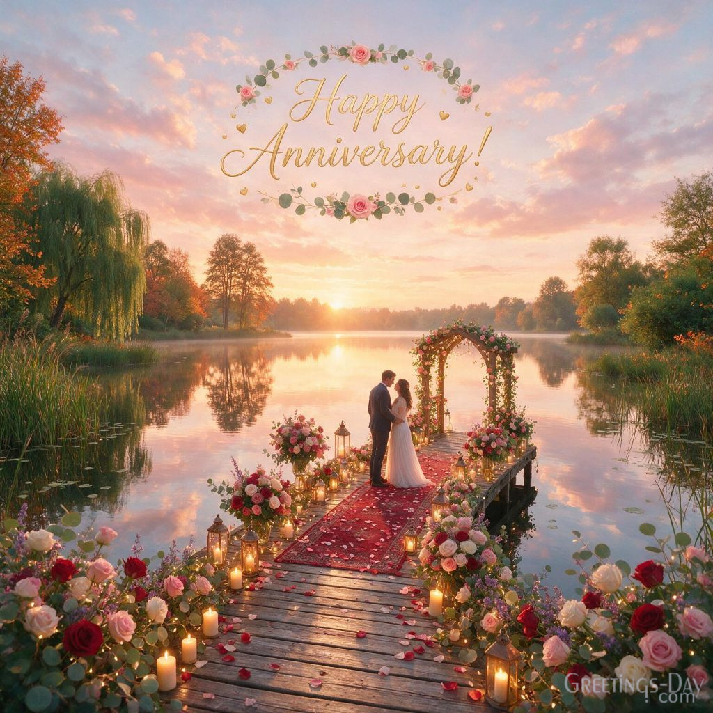 Romantic Happy Anniversary Images with peaceful lake sunrise and Happy Anniversary! greeting for couples