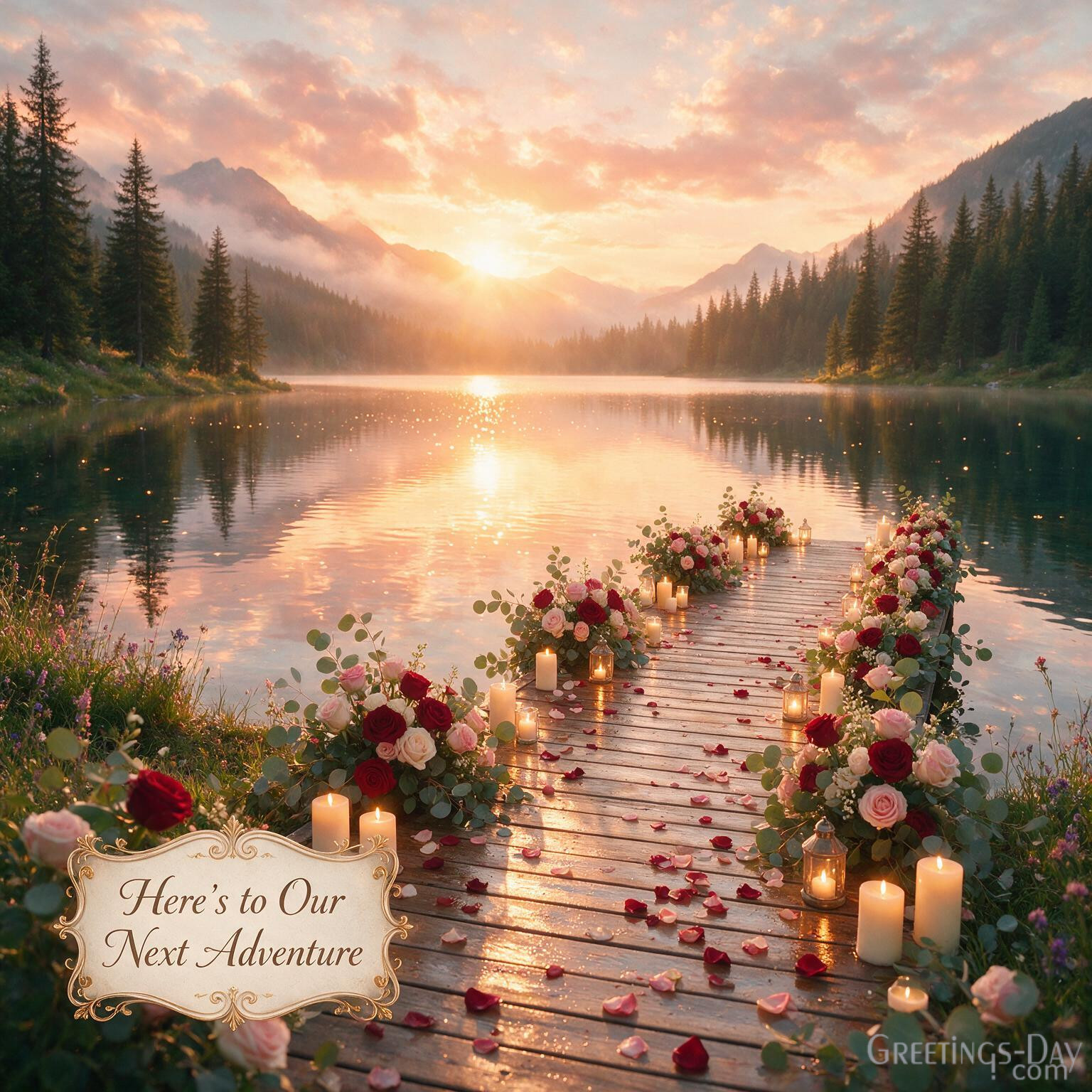 Elegant Anniversary Image with lanterns, roses, and Here's to Our Next Adventure romantic greeting