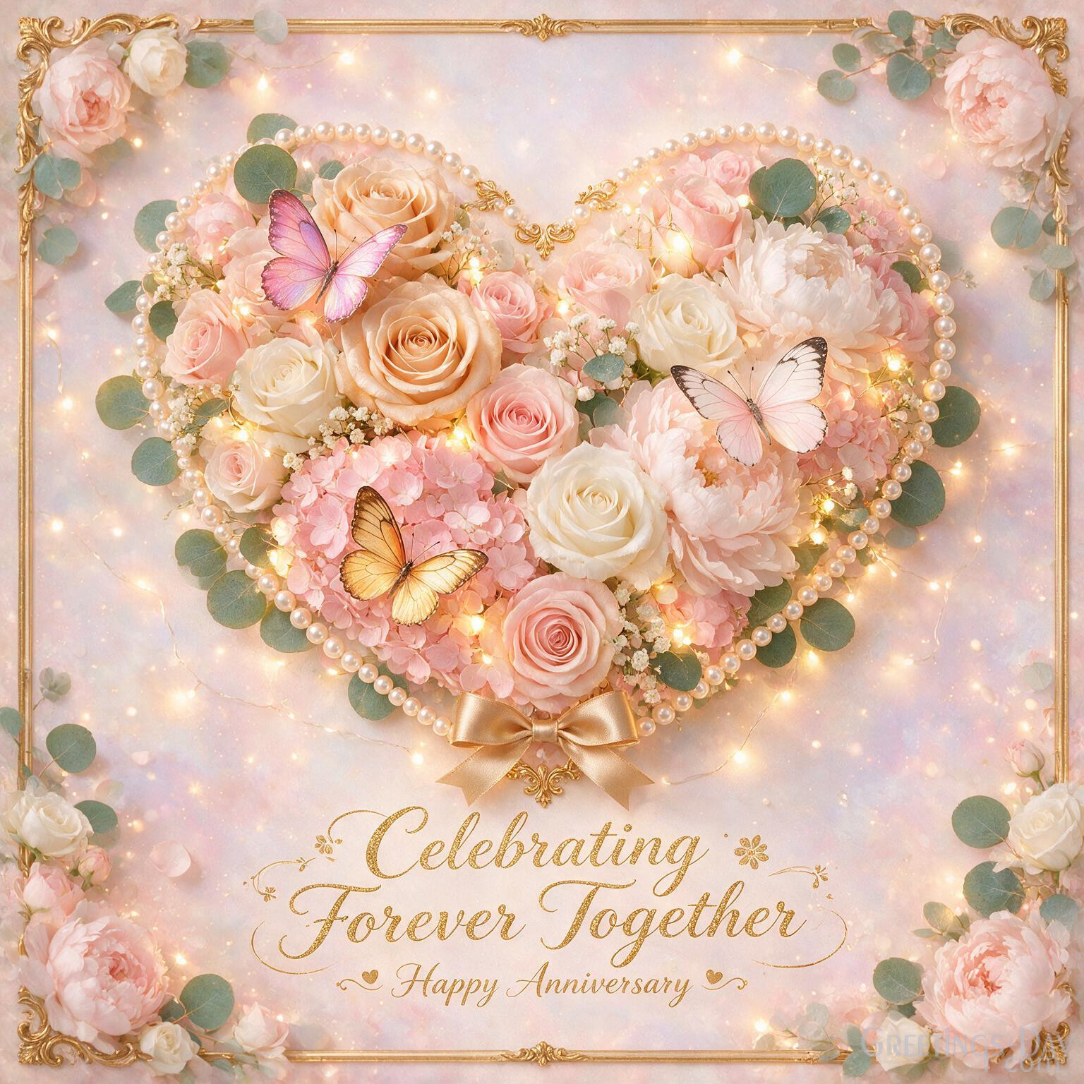 Beautiful Happy Anniversary Picture with floral heart design and Celebrating Forever Together wedding anniversary wishes