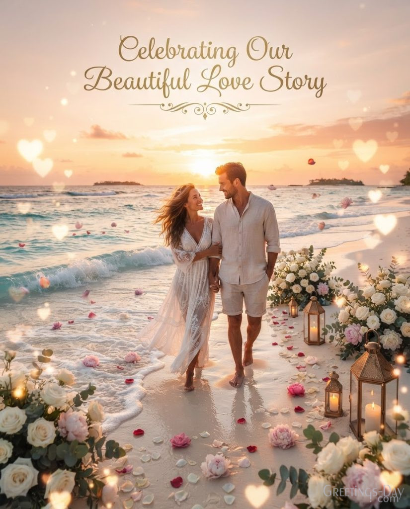 Romantic Anniversary Picture at sunset with Celebrating Our Beautiful Love Story text, luxury floral design, and beautiful anniversary wishes