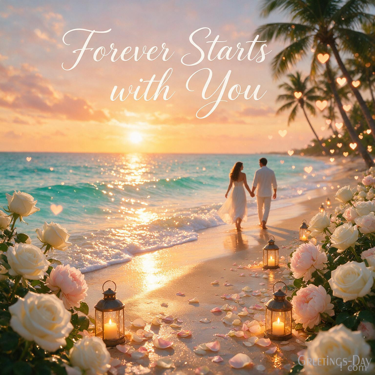 Elegant Happy Anniversary Image with Forever Starts with You quote, golden beach, heart bokeh, and romantic couple walking together