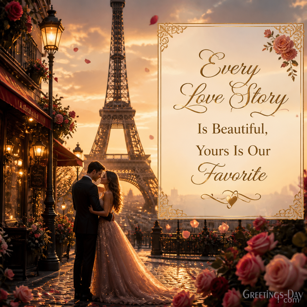 16. Luxury anniversary greeting card with Paris sunset – Every Love Story Is Beautiful, Yours Is Our Favorite