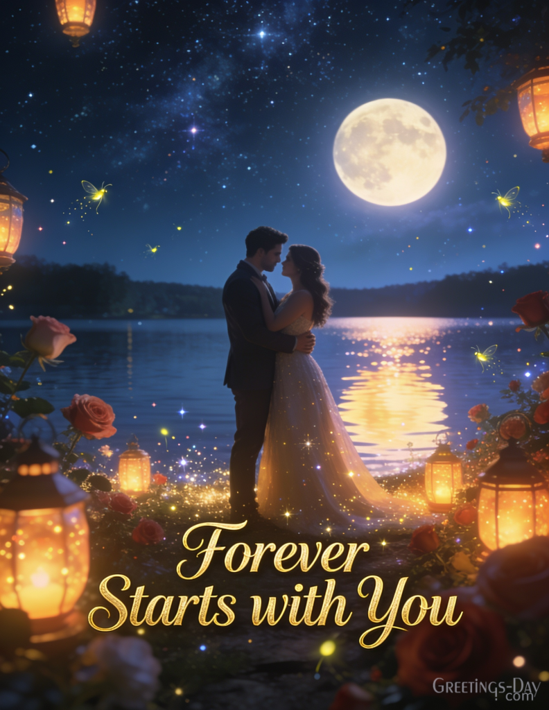 Dreamy anniversary greeting card with stars and lake – Forever Starts with You