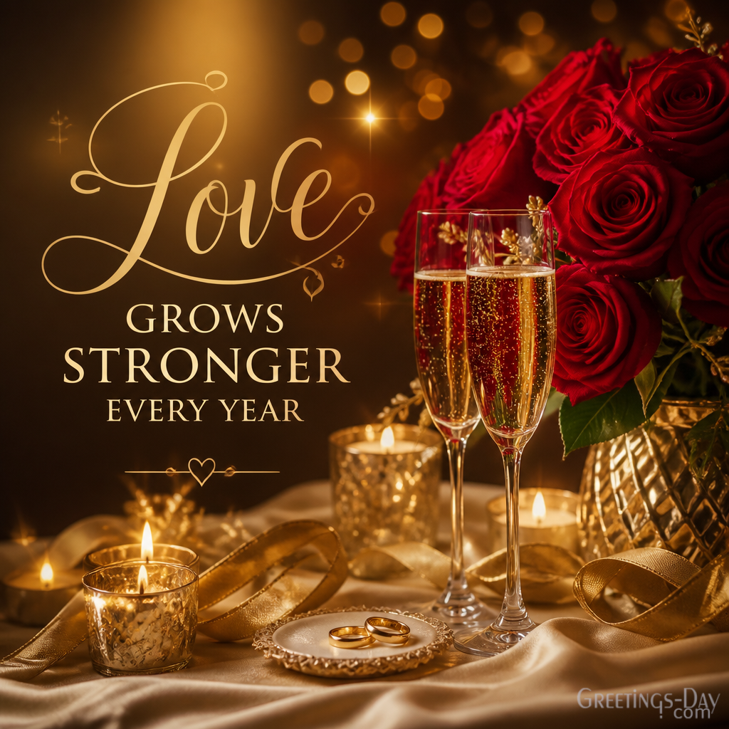 Romantic Anniversary Wishes image with wedding rings – Love Grows Stronger Every Year