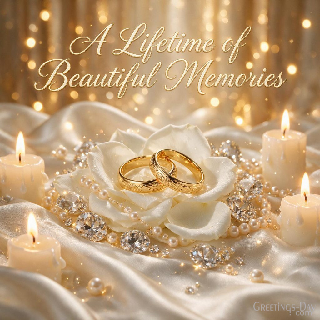 Romantic Anniversary Picture with luxurious wedding rings and A Lifetime of Beautiful Memories anniversary wishes