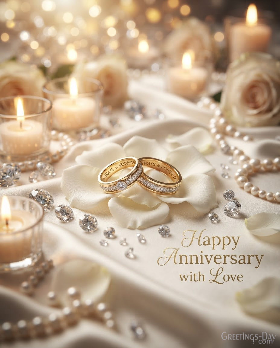 Elegant Happy Anniversary Image featuring wedding bands, pearls, candles, and Happy Anniversary with Love greeting
