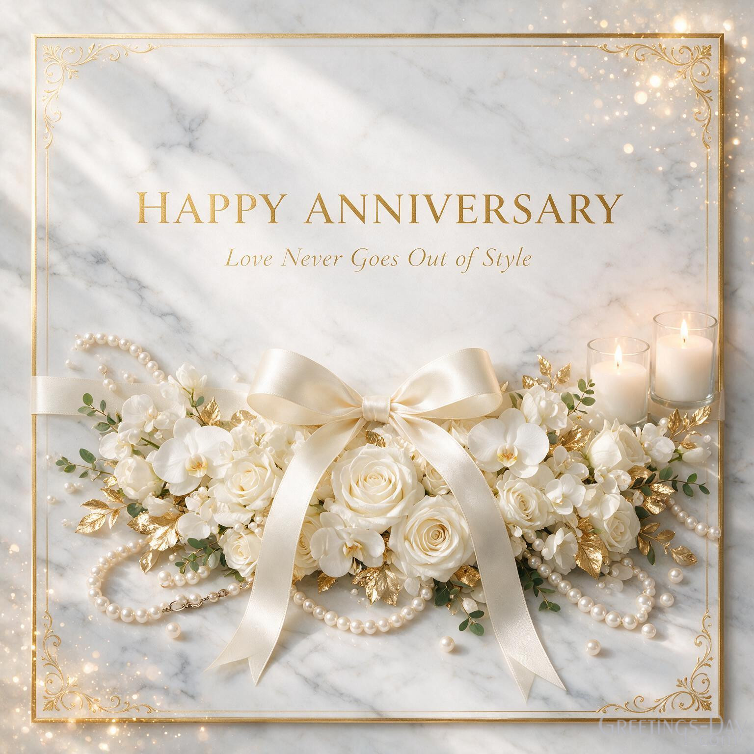 Elegant Happy Anniversary Image with orchids and pearls displaying Love Never Goes Out of Style anniversary greeting