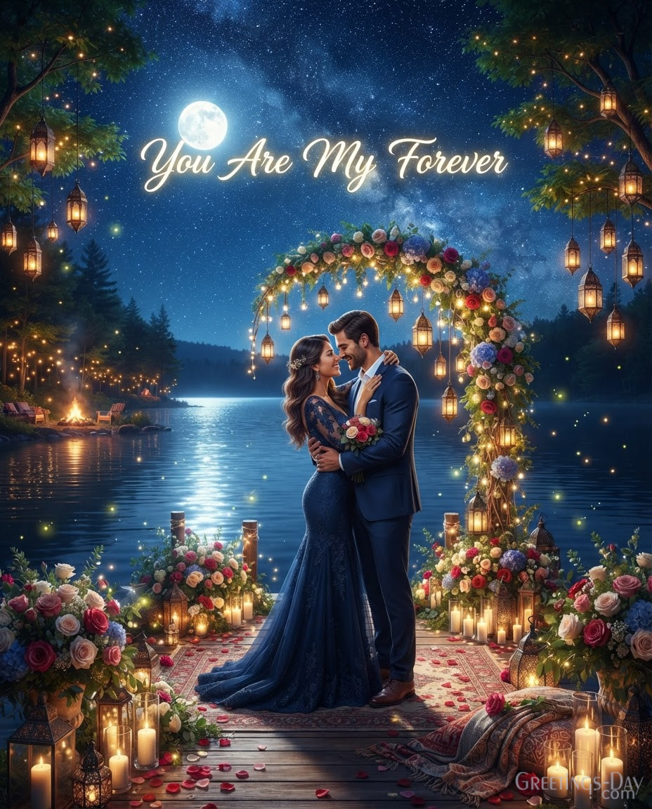 Dreamy Anniversary Picture with starry sky and You Are My Forever romantic anniversary message