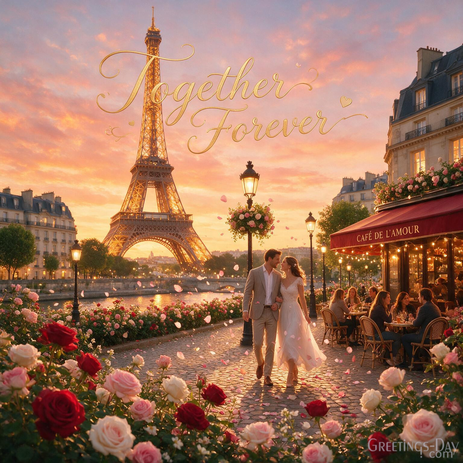 Luxury Wedding Anniversary Image featuring Paris sunset and Together Forever anniversary greeting