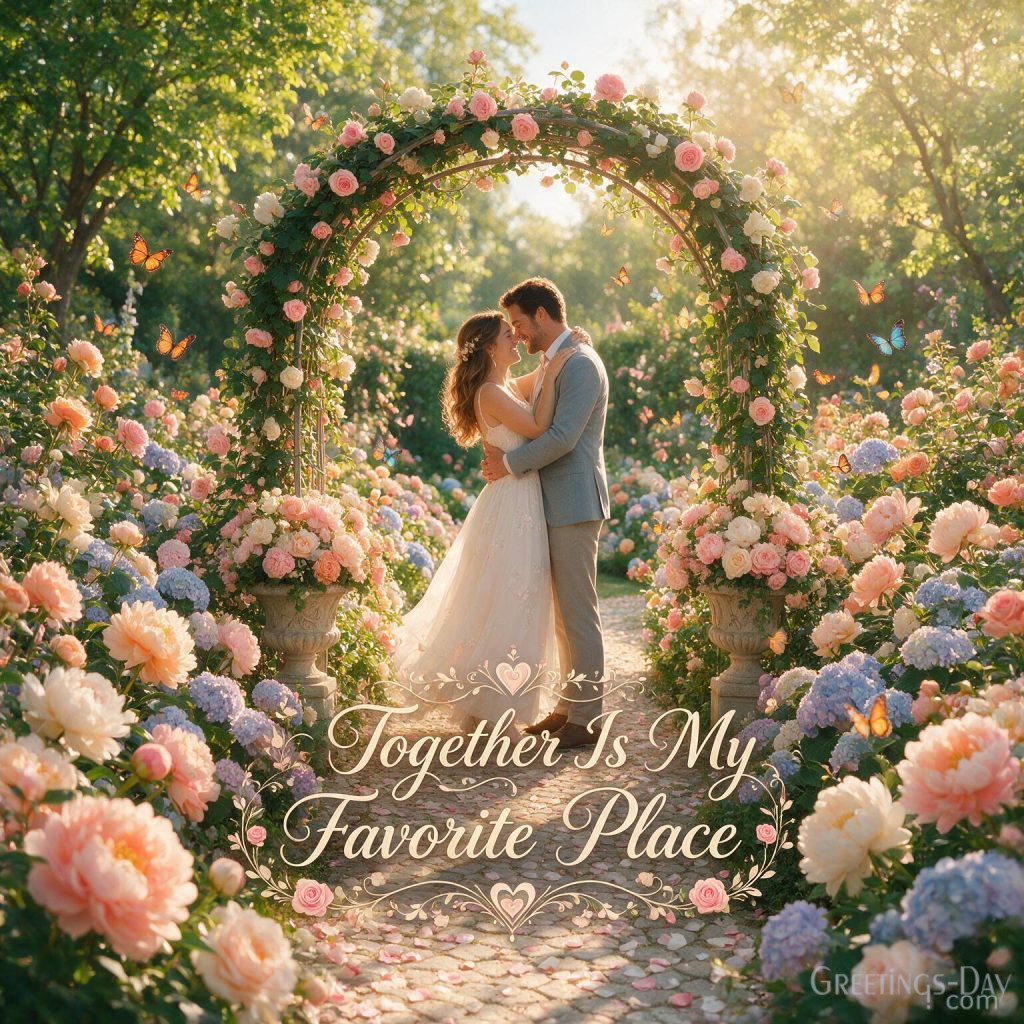 Elegant Happy Anniversary Picture with flowers, butterflies, and Together Is My Favorite Place romantic anniversary message
