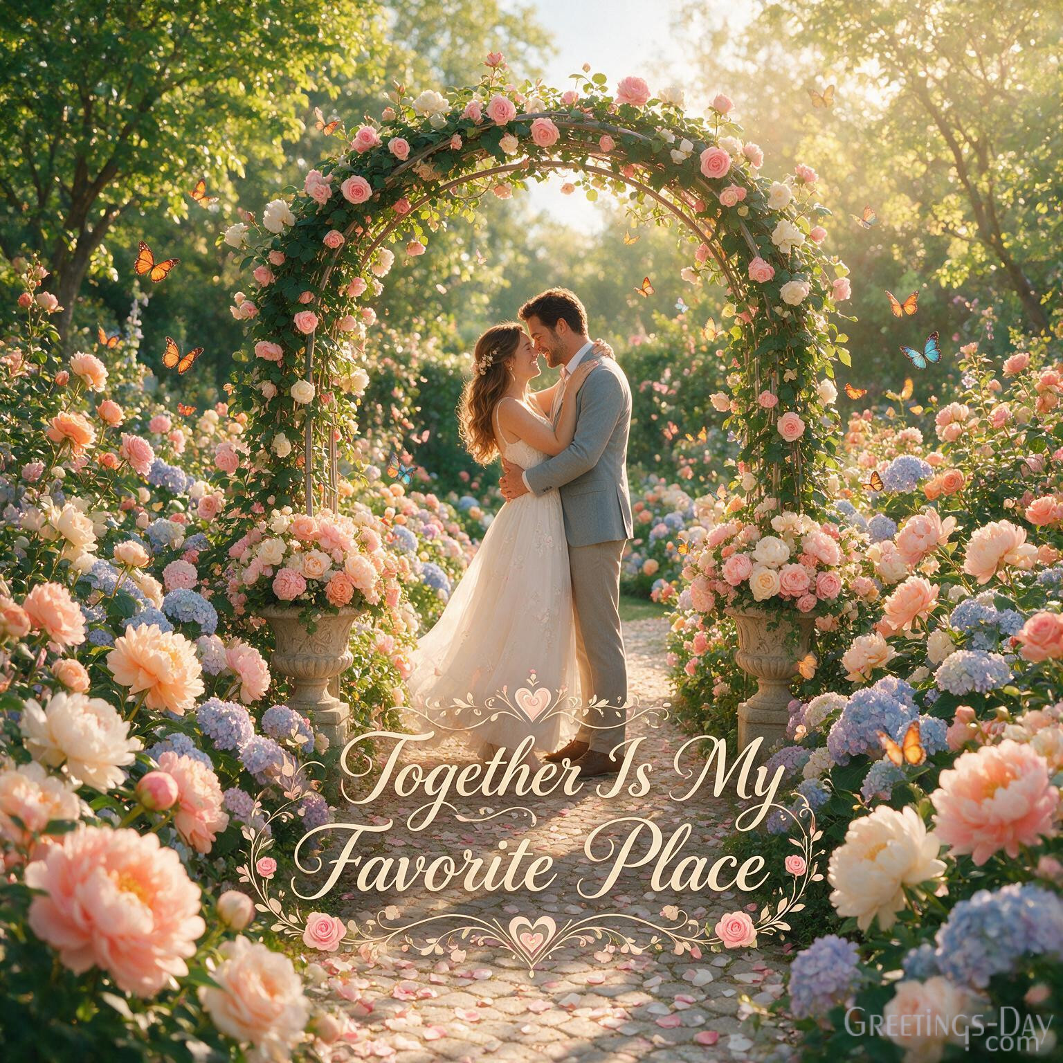 Elegant Happy Anniversary Picture with flowers, butterflies, and Together Is My Favorite Place romantic anniversary message