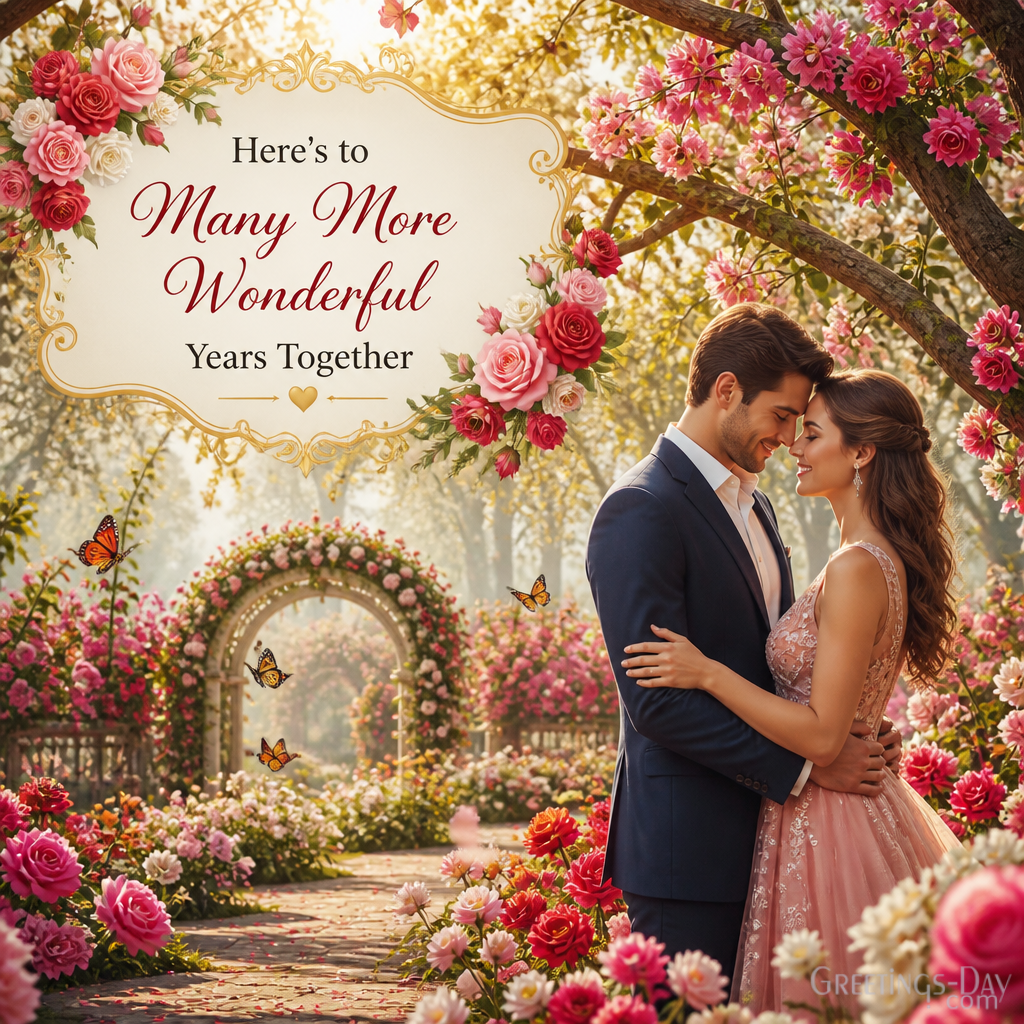 Beautiful Anniversary Wishes image for married couples – Here's to Many More Wonderful Years Together