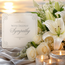 Free sympathy card with white lilies and "With Deepest Sympathy" heartfelt condolence message