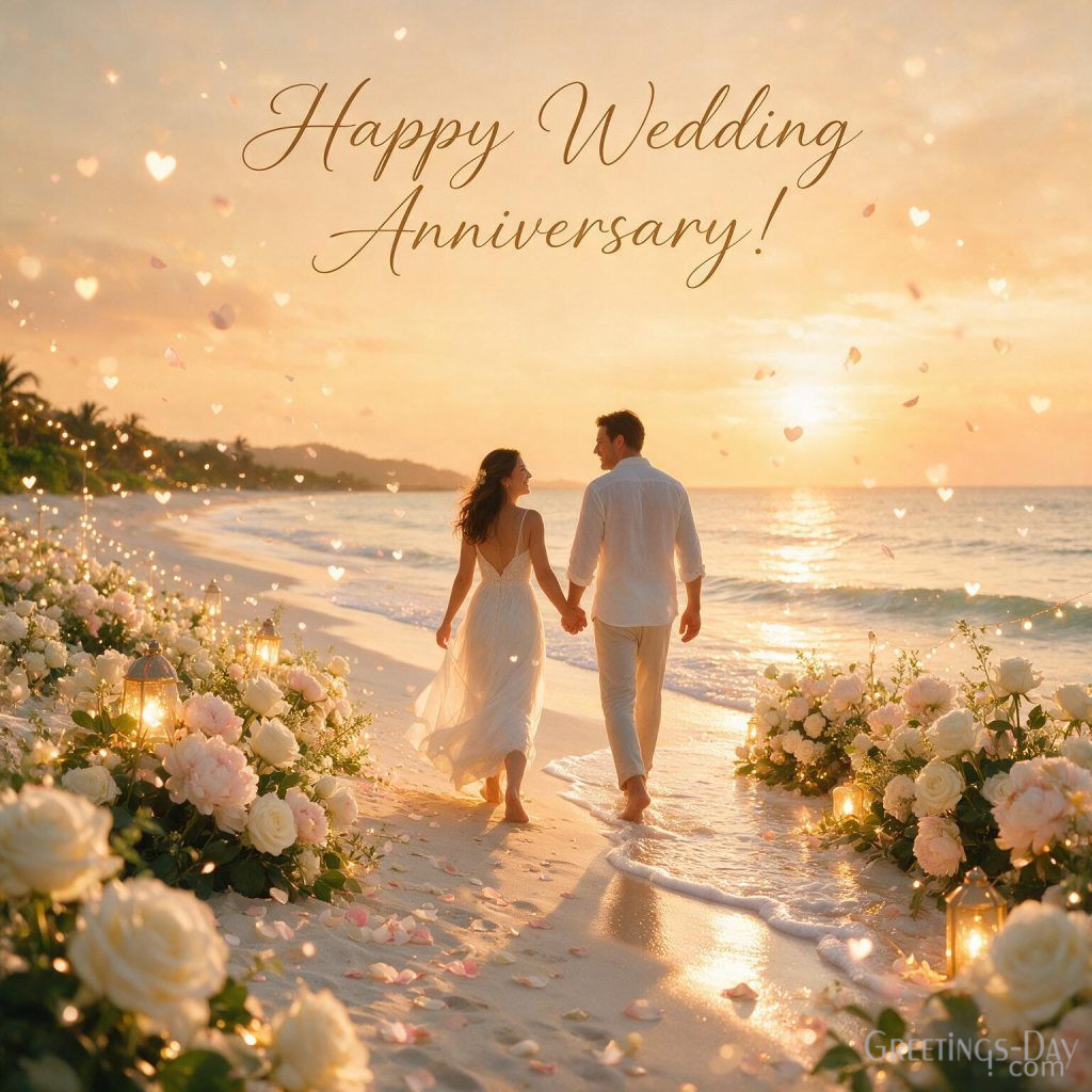 Happy Wedding Anniversary Images featuring a romantic beach sunset with Happy Wedding Anniversary! greeting, roses, and elegant wedding anniversary card.