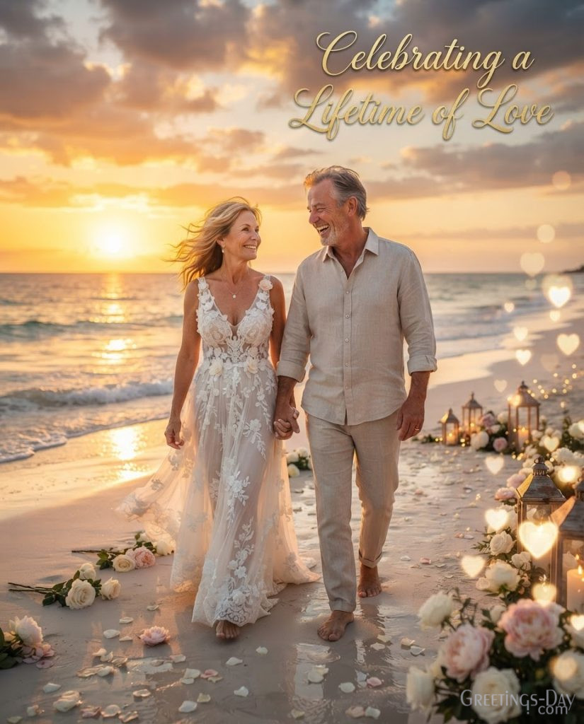 Romantic Wedding Anniversary Image with ocean sunset and Celebrating a Lifetime of Love message for married couples