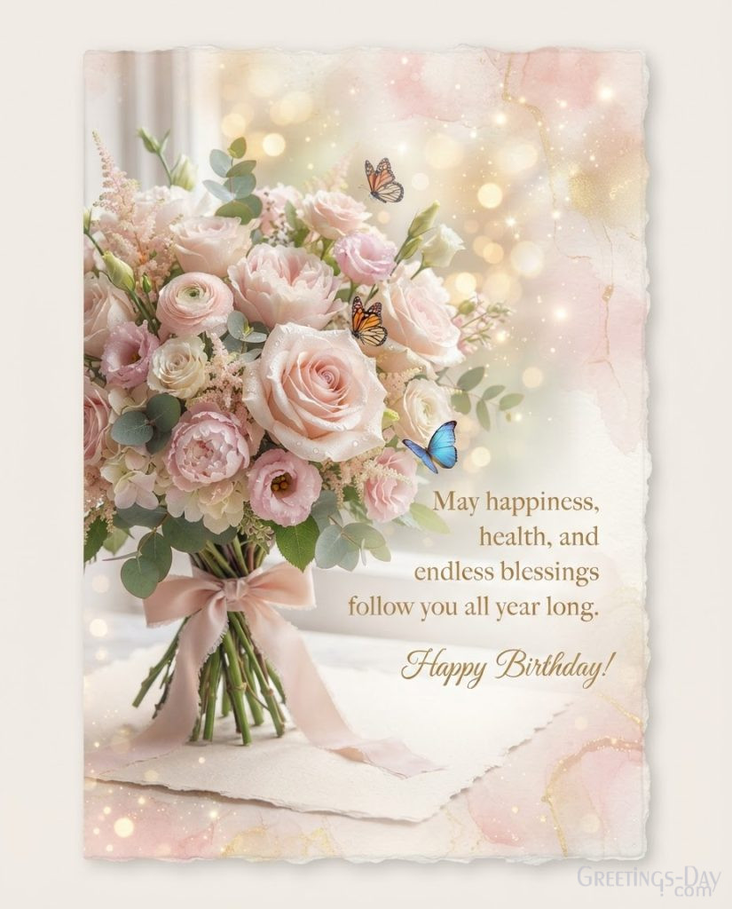 Elegant floral Birthday Wishes card featuring beautiful flowers and golden bokeh with text 