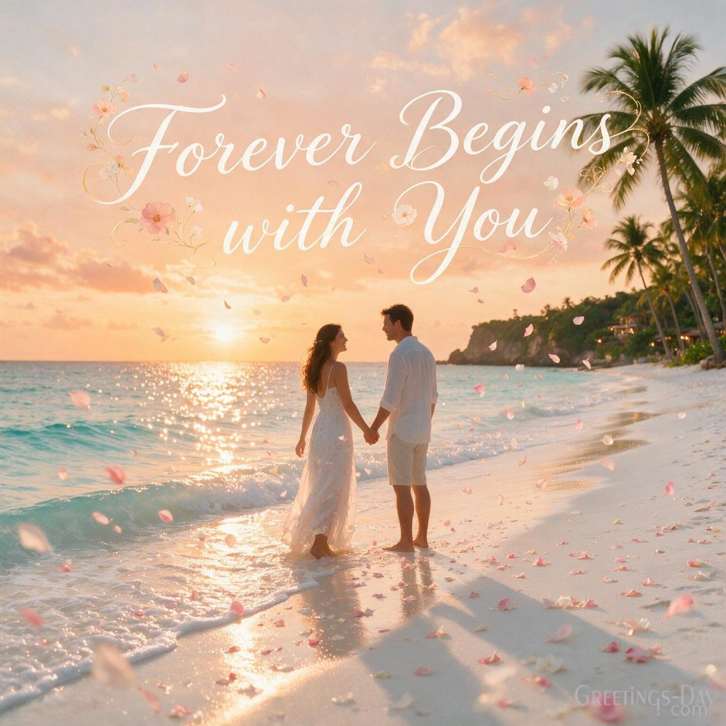 Beautiful Wedding Anniversary Picture featuring a couple on the beach with Forever Begins with You romantic anniversary wish