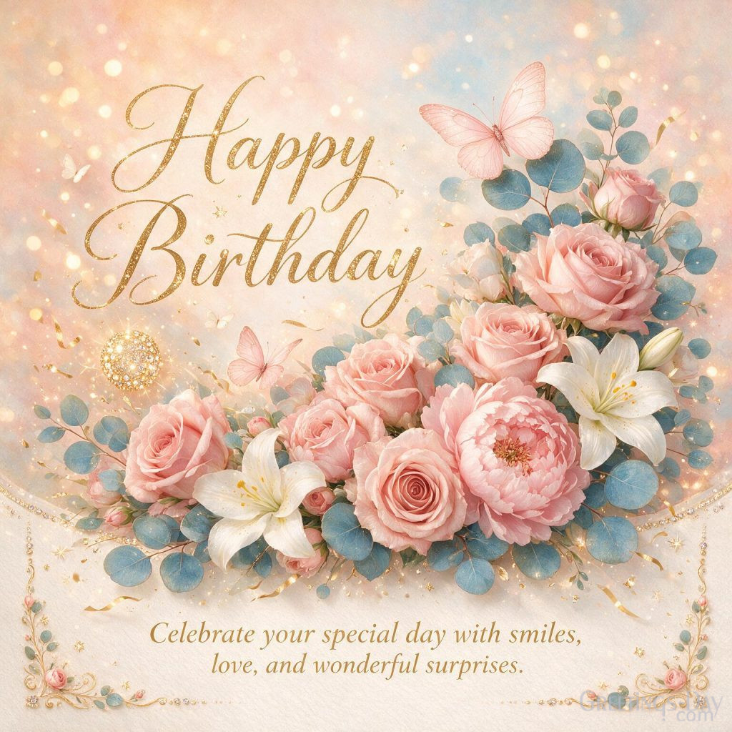 Elegant Happy Birthday greeting card with premium floral bouquet and soft watercolor background saying 