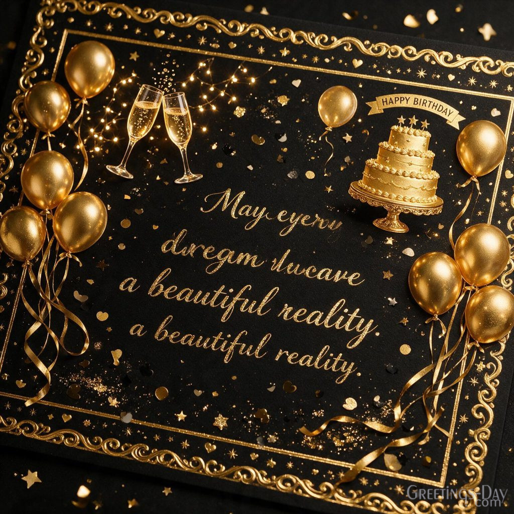 Luxury Happy Birthday card with black and gold design, balloons, confetti, and gifts featuring 
