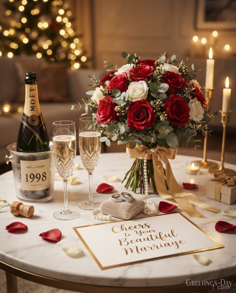 Luxury Wedding Anniversary Card with champagne, roses, and Cheers to Your Beautiful Marriage greeting for a happy couple