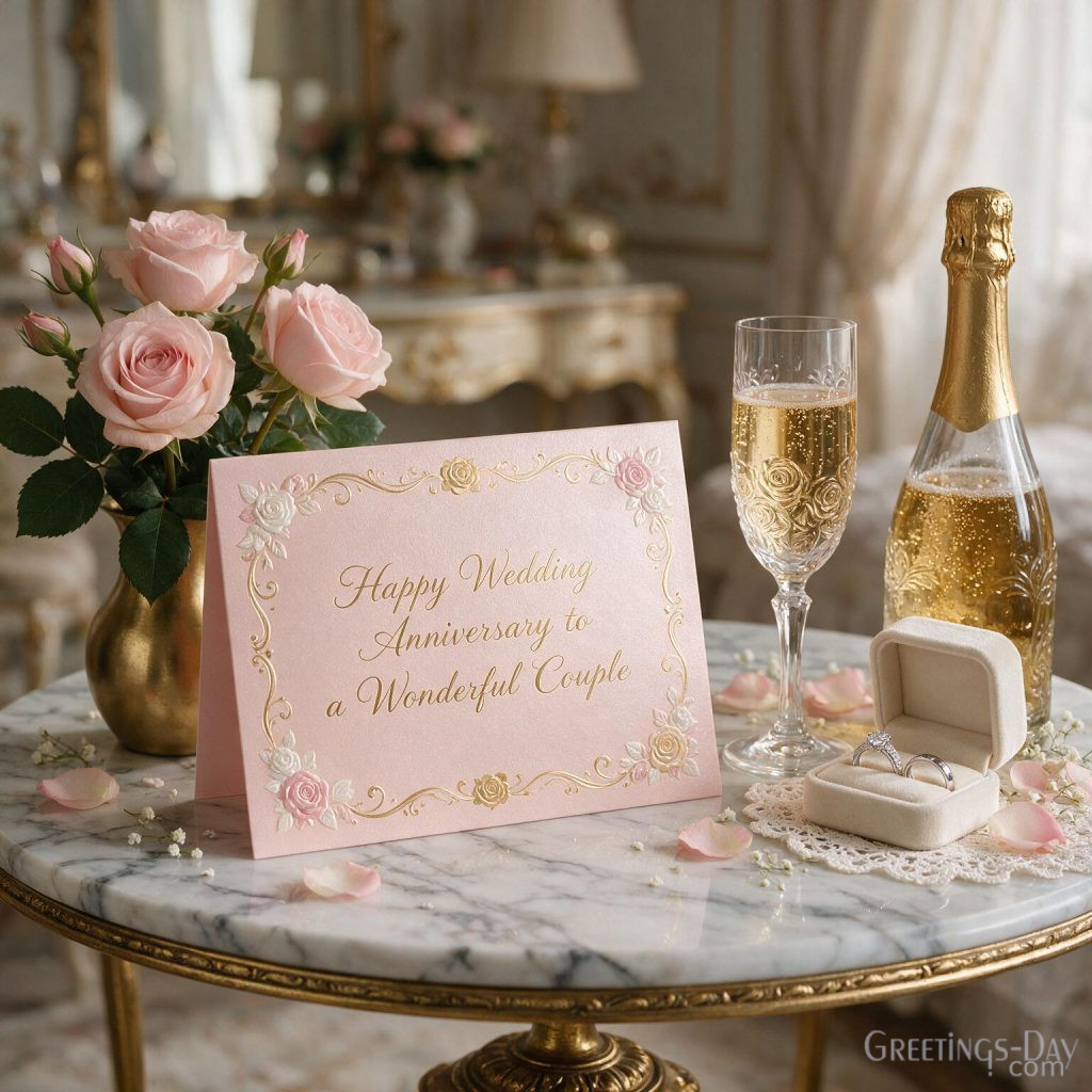 Elegant Happy Wedding Anniversary Image featuring champagne and Happy Wedding Anniversary to a Wonderful Couple message