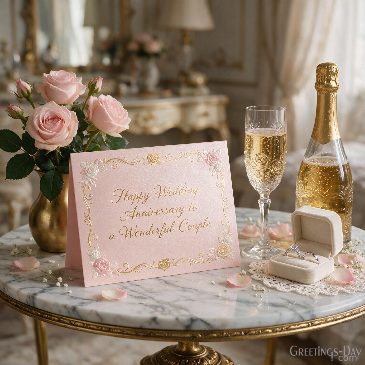 Elegant Happy Wedding Anniversary Image featuring champagne and Happy Wedding Anniversary to a Wonderful Couple message