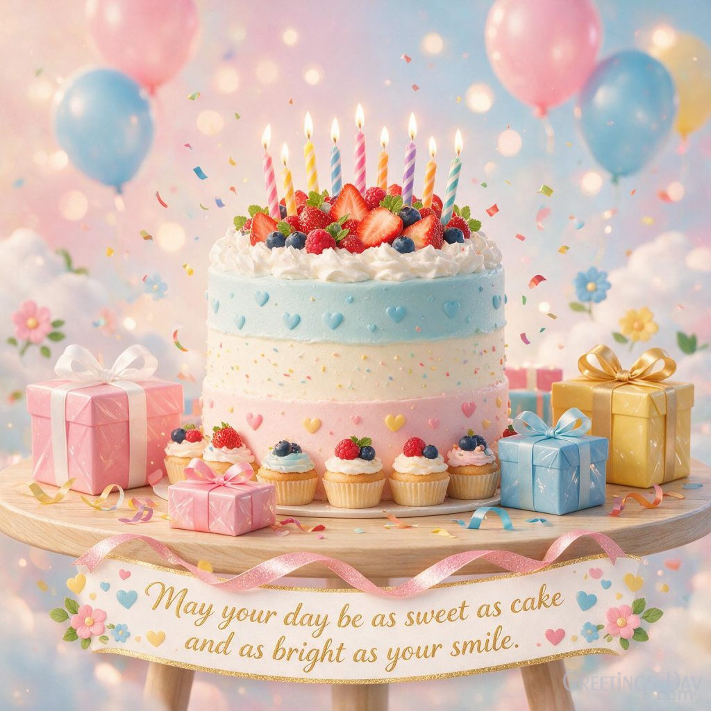 Happy Birthday Wishes image with colorful birthday cake, candles and balloons featuring 