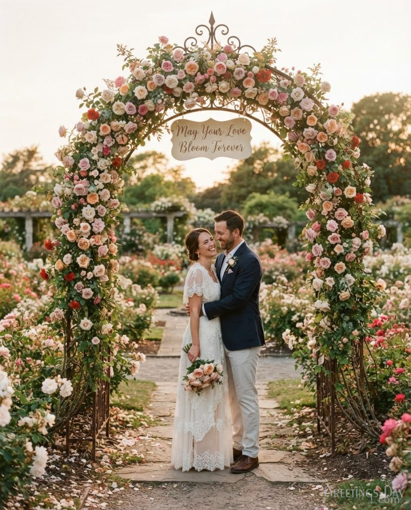 Beautiful Wedding Anniversary Images in a blooming rose garden with Happy Wedding Anniversary greeting